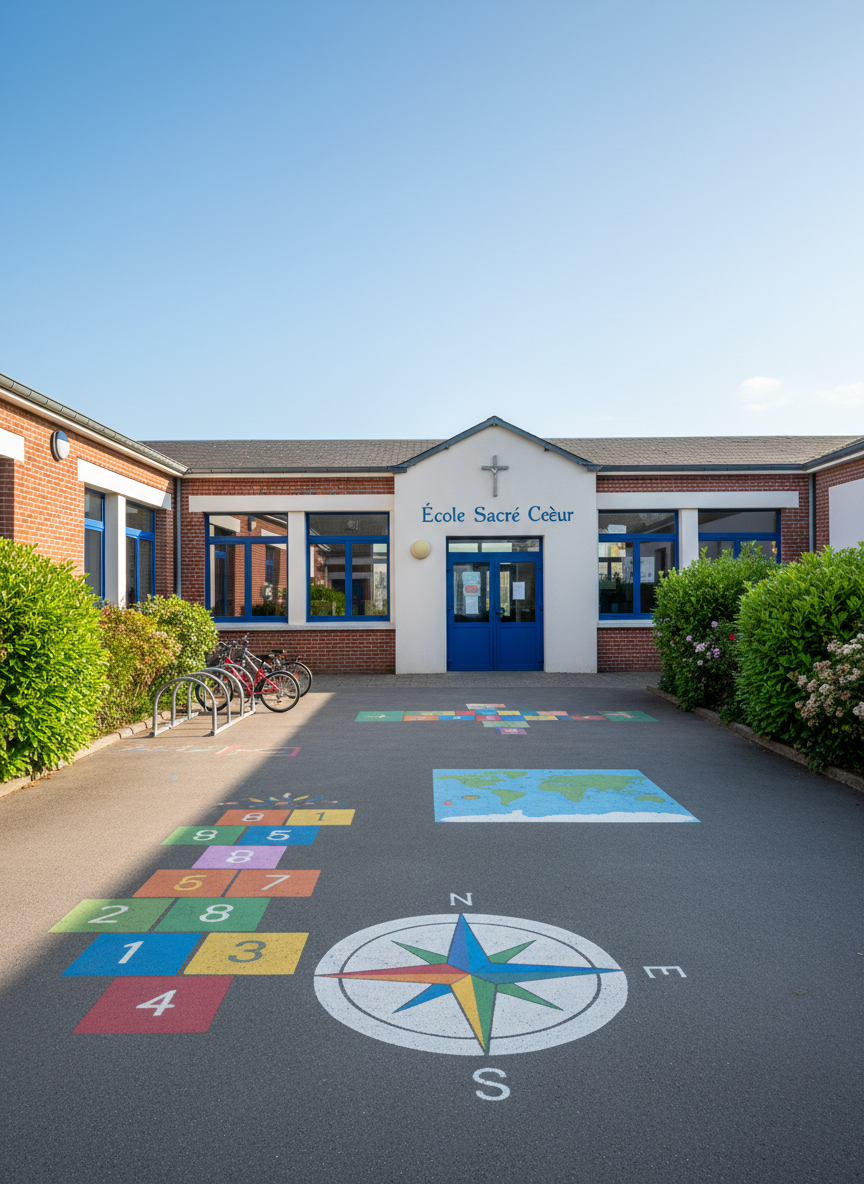 A bright, well-kept Catholic primary school courtyard of Ecole Sacré Cœur in Loon-Plage, photographed on a clear spring day. The central focus is a modest brick school building with a clean white facade, deep blue window frames, and a simple cross discreetly mounted near the entrance. The paved playground is neatly painted with hopscotch and geometric educational games in fresh primary colors. Lush green shrubs border the space, and a small, tidy bike rack stands to one side. Soft natural daylight creates crisp, gentle shadows, emphasizing an orderly, welcoming atmosphere. Shot at eye level with sharp focus throughout, the composition feels balanced and professional, in a realistic photographic style suitable for a school website hero image, calm and reassuring with a sense of structure and care.