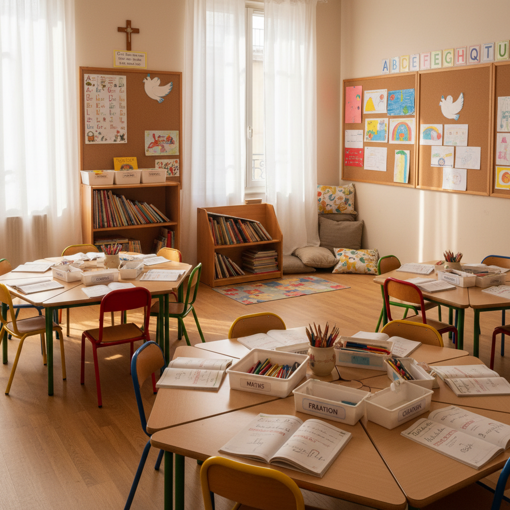 A serene, sunlit primary classroom at Ecole Sacré Cœur, designed for children from maternelle to CM2, captured in photographic realism. Low wooden tables and small, colorful chairs are carefully arranged in cooperative work islands, each table topped with neatly stacked exercise books, sharpened pencils, and labeled plastic storage trays. Along the walls, bright yet orderly displays of French alphabet charts, simple religious symbols, and student artwork are pinned on cork boards. Near the window, a reading corner with a small bookcase overflows with well-used storybooks. Soft daylight filters through sheer curtains, producing diffuse, inviting light and gentle shadows. Framed using the rule of thirds from a slightly elevated angle, the image conveys a calm, studious, and professional atmosphere, emphasizing organization, care, and warmth without any human presence.