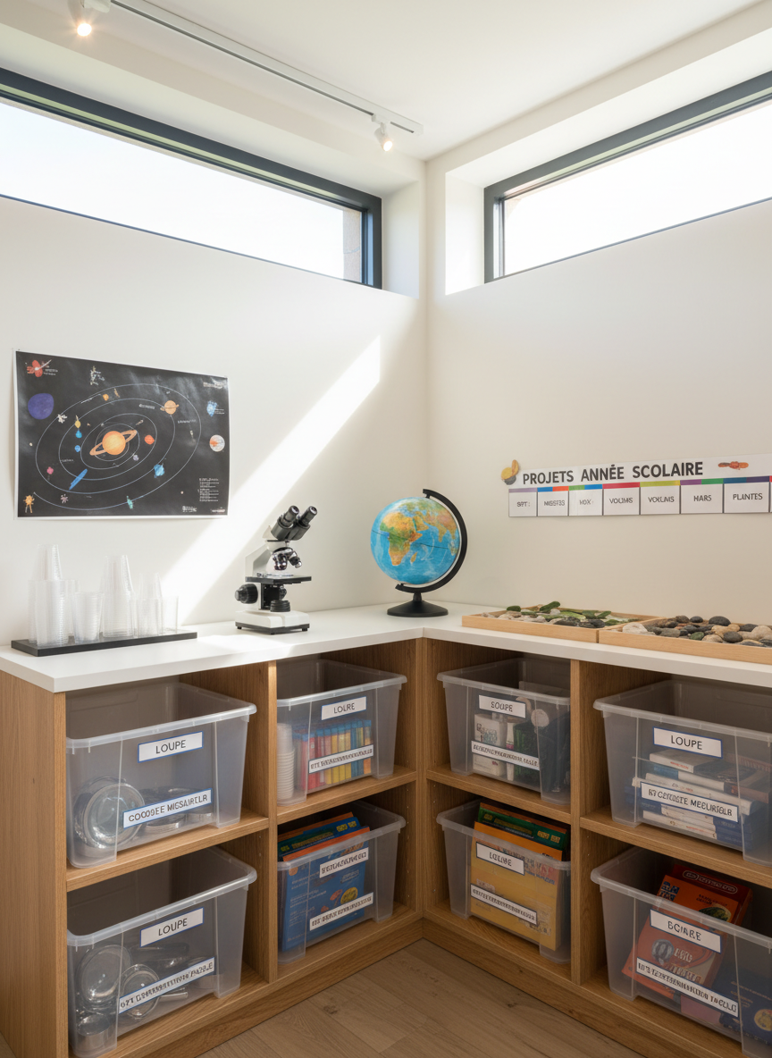 A well-equipped, modern learning corner for science and discovery at Ecole Sacré Cœur, photographed in a bright, realistic style. A sturdy light-wood shelving unit holds neatly arranged transparent boxes of magnifying glasses, measuring cups, and simple experiment kits, all clearly labeled in French. On the countertop above, a small globe, a basic microscope, and a tray with neatly arranged rocks and leaves invite exploration. A laminated poster of the solar system hangs on the wall behind, alongside a timeline of the school year’s projects. Natural daylight from a high window combines with discreet overhead lighting, creating a clear, vibrant look with soft shadows. Captured from a slightly elevated angle with moderate depth of field, the image feels dynamic yet structured, showcasing the school’s commitment to hands-on, carefully guided learning.