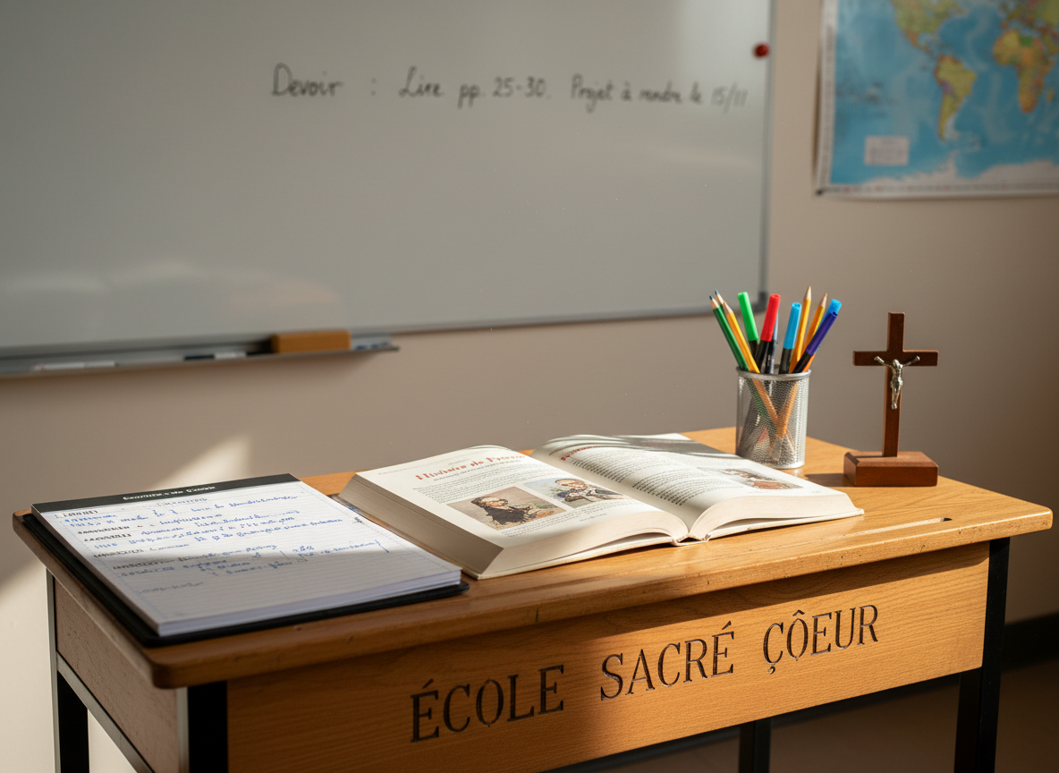 A close-up, eye-level photographic view of a polished wooden teacher’s desk at Ecole Sacré Cœur, symbolizing the professional, laïque teaching team. On the desk rests an open French textbook, a spiral-bound lesson planner with neatly written notes, and a simple silver cross on a small wooden stand subtly placed to the side. A clear plastic cup holds an assortment of colorful felt-tip pens and freshly sharpened pencils. In the softly blurred background, a whiteboard with tidy handwriting and a small corner of a world map can be seen. Natural afternoon light from an unseen window casts soft, diagonal highlights across the desk surface, creating a focused yet warm atmosphere, with a shallow depth of field that keeps the attention on the organized teaching materials.